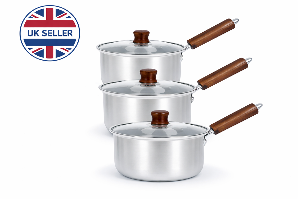3 Piece Aluminium Saucepan Set with Lids & Wooden Handles – 6 Piece Cookware Set for Gas, Electric & Ceramic Hobs
