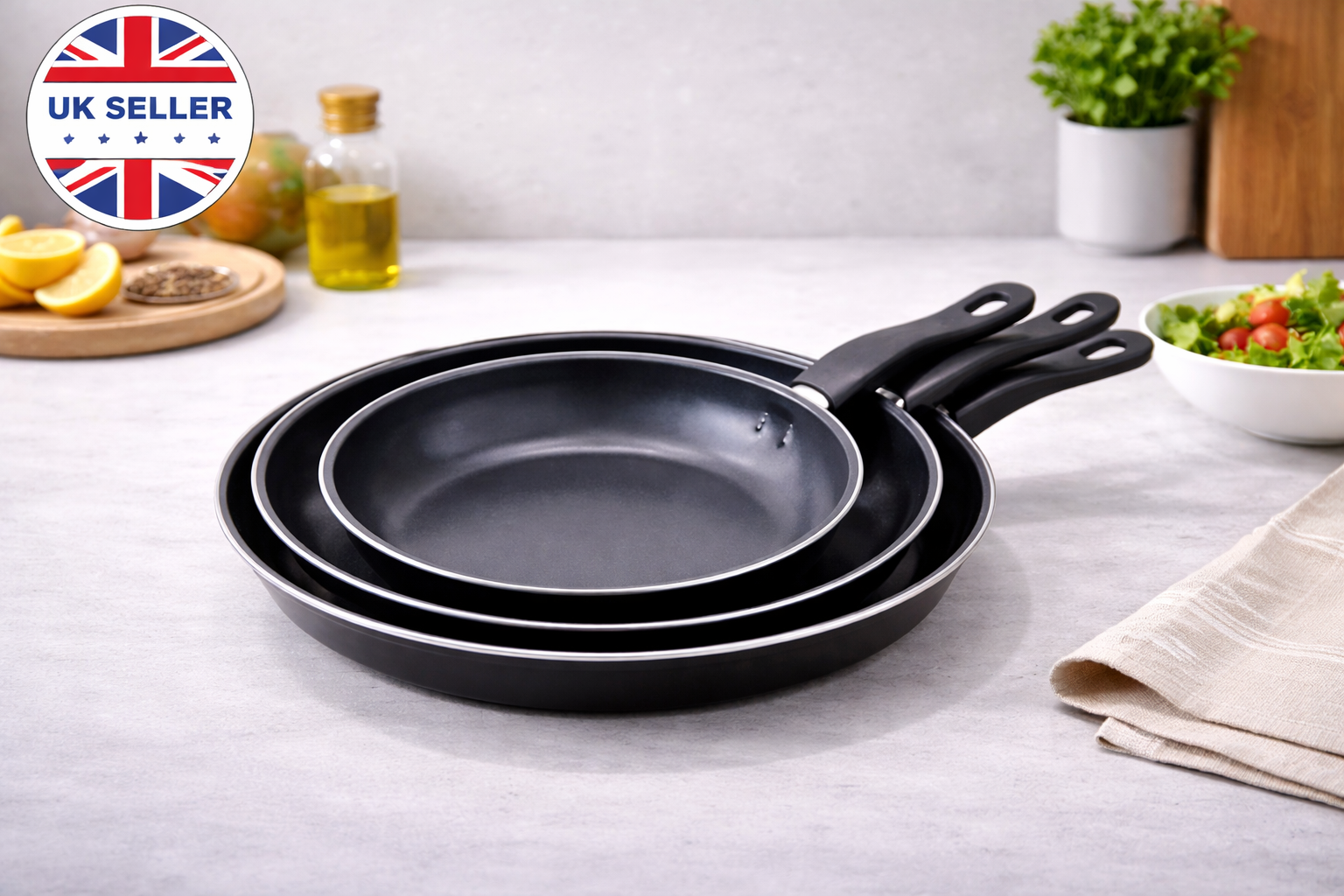 3 Piece Non-Stick Aluminium Frying Pan Set – 20cm 25cm 30cm Pans for Gas Electric & Induction Hob Everyday Cooking