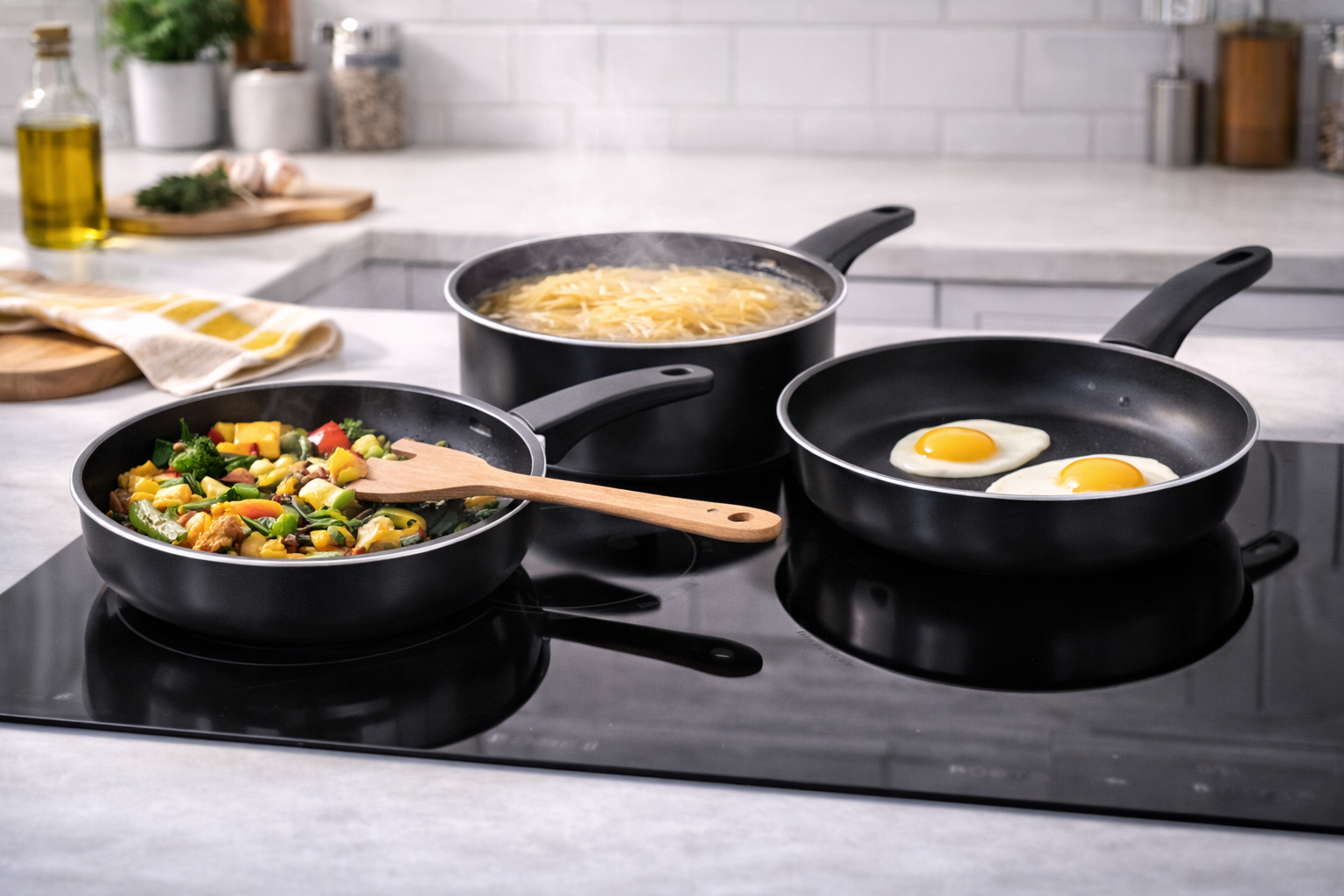 3 Piece Non-Stick Aluminium Frying Pan Set – 20cm 25cm 30cm Pans for Gas Electric & Induction Hob Everyday Cooking