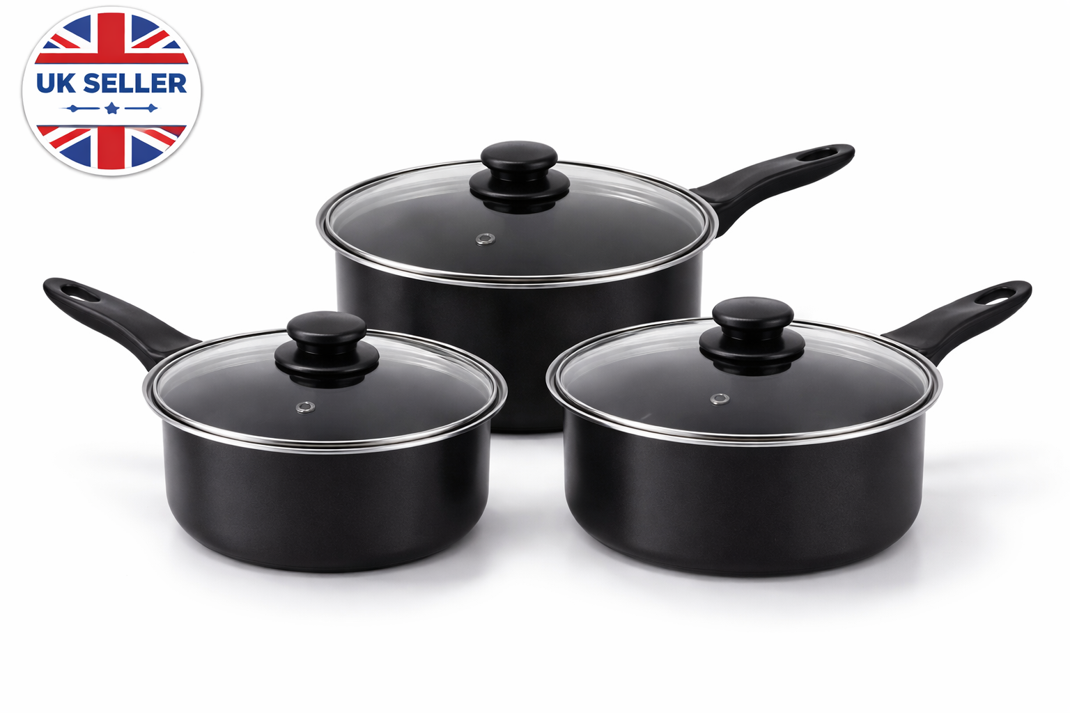 3 Piece Non-Stick Carbon Steel Saucepan Set with Glass Lids – 16cm 18cm 20cm Pans for Gas Electric & Halogen Hobs