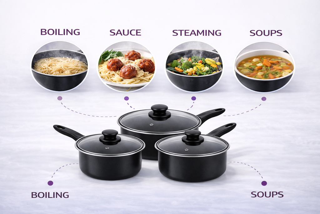 3 Piece Non-Stick Carbon Steel Saucepan Set with Glass Lids – 16cm 18cm 20cm Pans for Gas Electric & Halogen Hobs