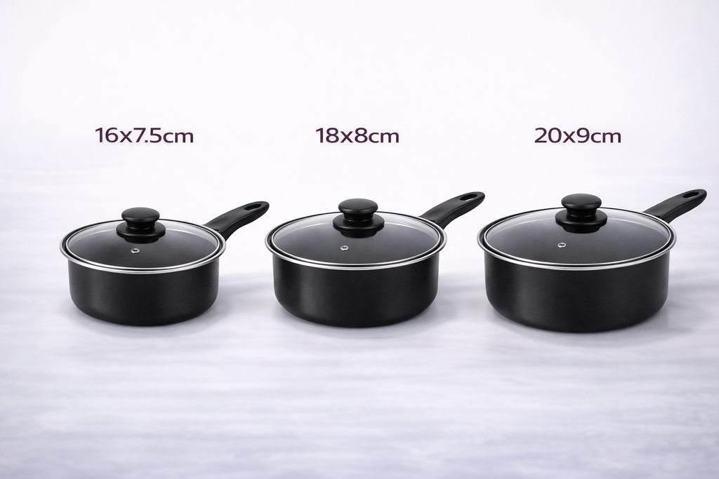 3 Piece Non-Stick Carbon Steel Saucepan Set with Glass Lids – 16cm 18cm 20cm Pans for Gas Electric & Halogen Hobs