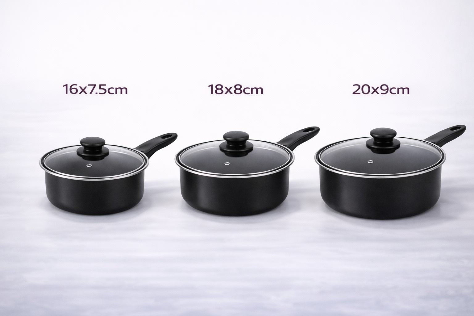 3 Piece Non-Stick Carbon Steel Saucepan Set with Glass Lids – 16cm 18cm 20cm Pans for Gas Electric & Halogen Hobs