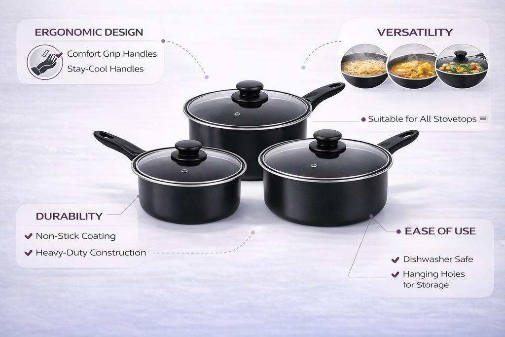 3 Piece Non-Stick Carbon Steel Saucepan Set with Glass Lids – 16cm 18cm 20cm Pans for Gas Electric & Halogen Hobs