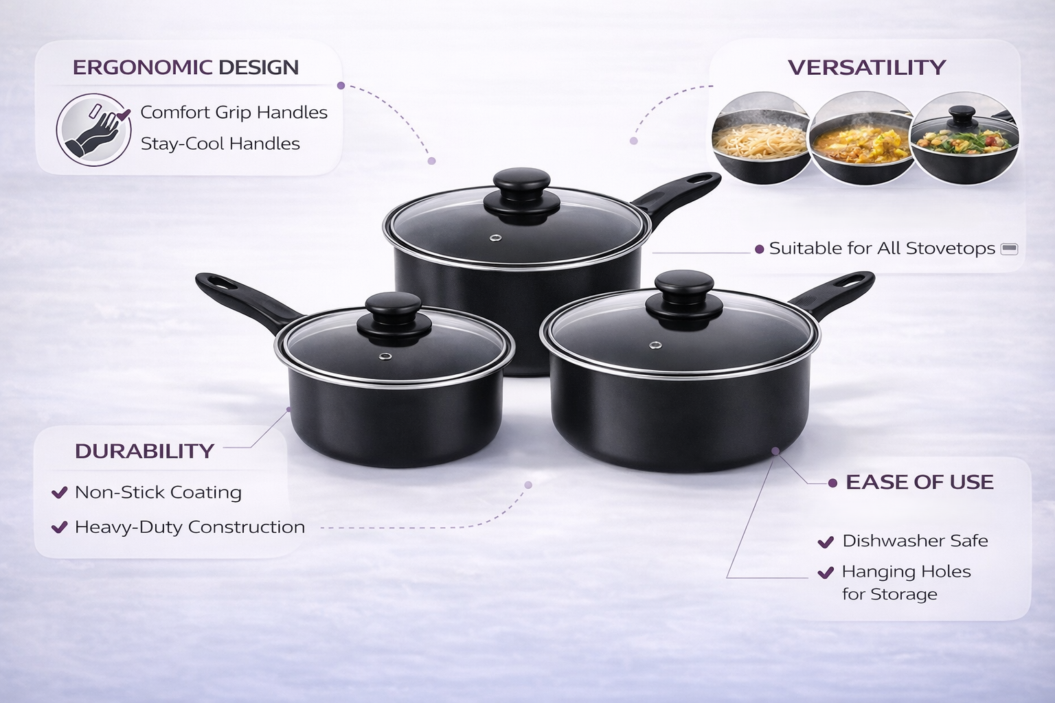 3 Piece Non-Stick Carbon Steel Saucepan Set with Glass Lids – 16cm 18cm 20cm Pans for Gas Electric & Halogen Hobs
