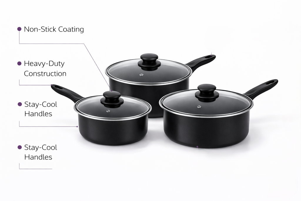 3 Piece Non-Stick Carbon Steel Saucepan Set with Glass Lids – 16cm 18cm 20cm Pans for Gas Electric & Halogen Hobs