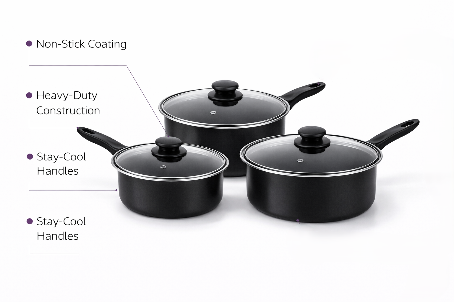 3 Piece Non-Stick Carbon Steel Saucepan Set with Glass Lids – 16cm 18cm 20cm Pans for Gas Electric & Halogen Hobs