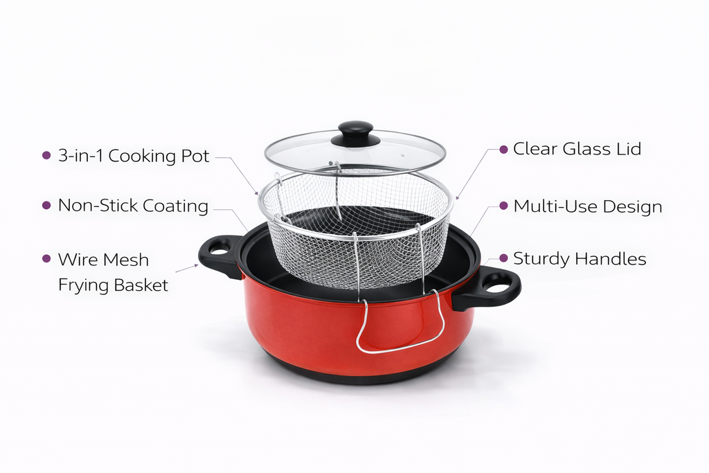 3 in 1 Non-Stick Deep Fryer Cooking Set with Frying Basket & Glass Lid – 5 Quart Steamer Cooker & Fryer Pan
