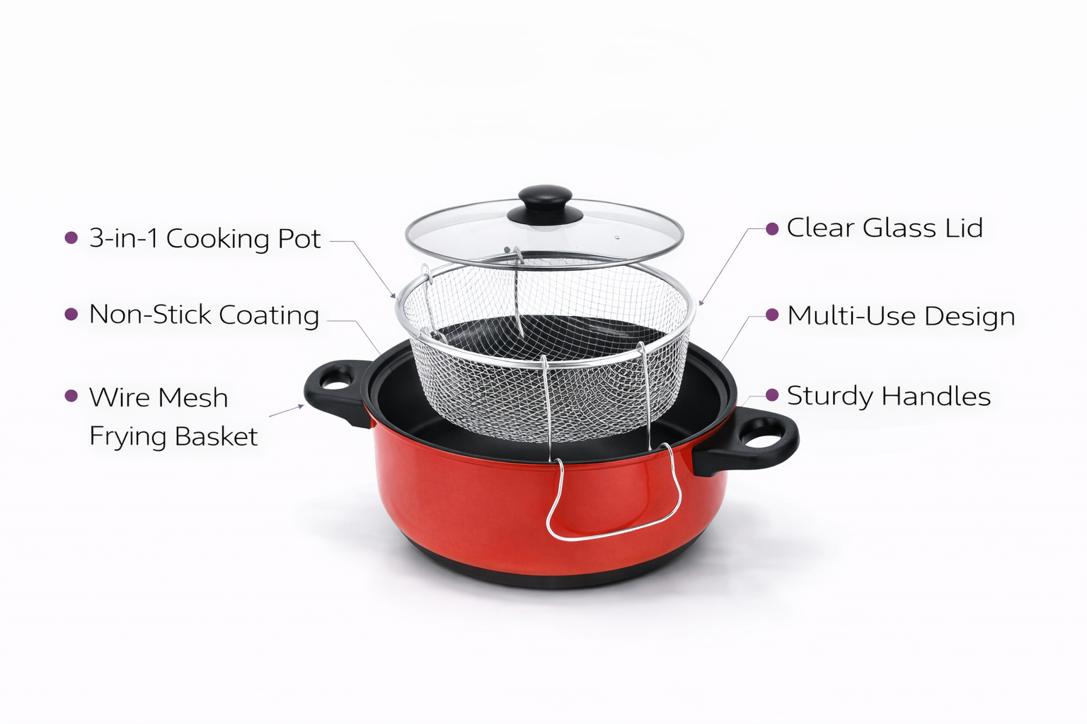 3 in 1 Non-Stick Deep Fryer Cooking Set with Frying Basket & Glass Lid – 5 Quart Steamer Cooker & Fryer Pan