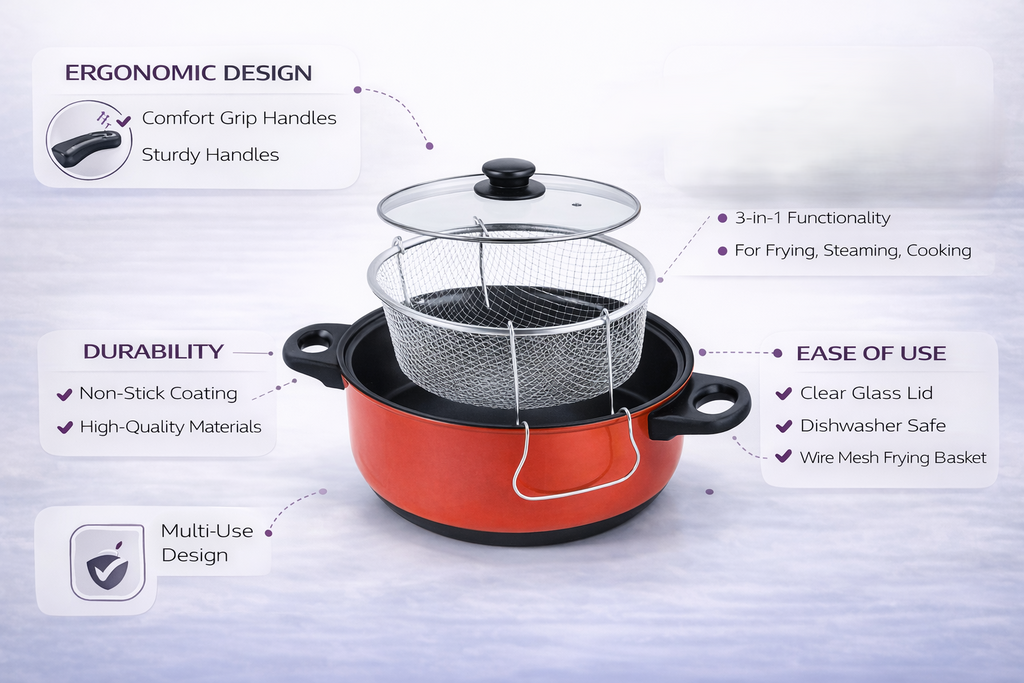 3 in 1 Non-Stick Deep Fryer Cooking Set with Frying Basket & Glass Lid – 5 Quart Steamer Cooker & Fryer Pan