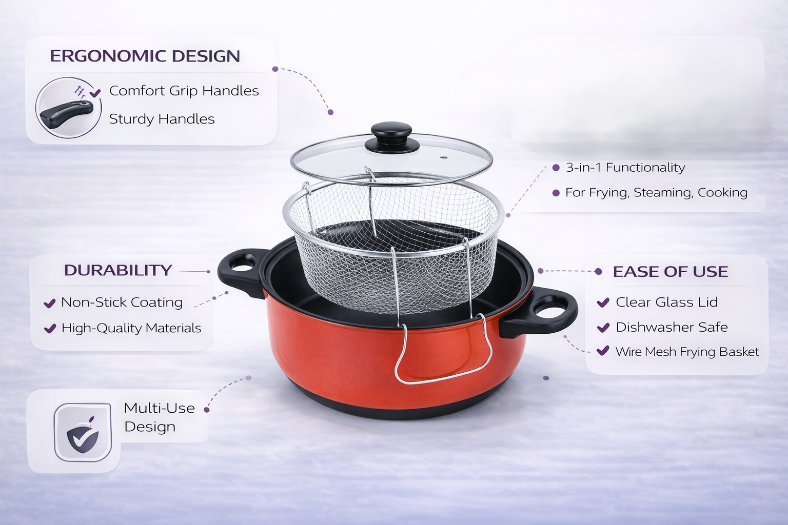3 in 1 Non-Stick Deep Fryer Cooking Set with Frying Basket & Glass Lid – 5 Quart Steamer Cooker & Fryer Pan