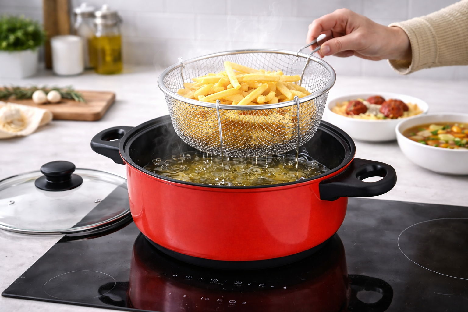3 in 1 Non-Stick Deep Fryer Cooking Set with Frying Basket & Glass Lid – 5 Quart Steamer Cooker & Fryer Pan
