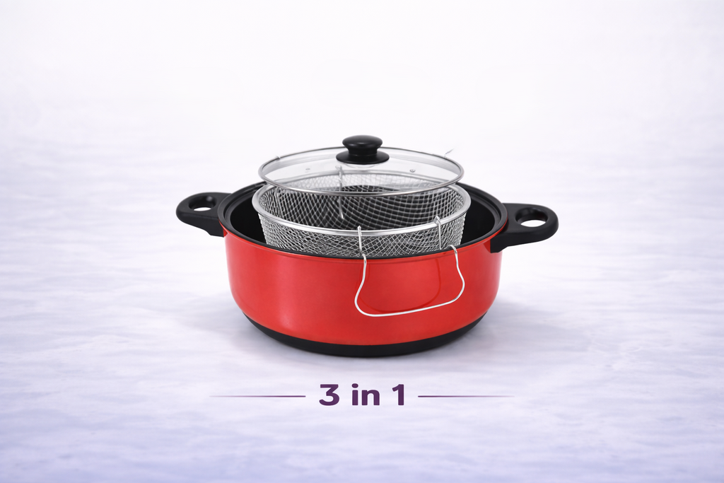 3 in 1 Non-Stick Deep Fryer Cooking Set with Frying Basket & Glass Lid – 5 Quart Steamer Cooker & Fryer Pan