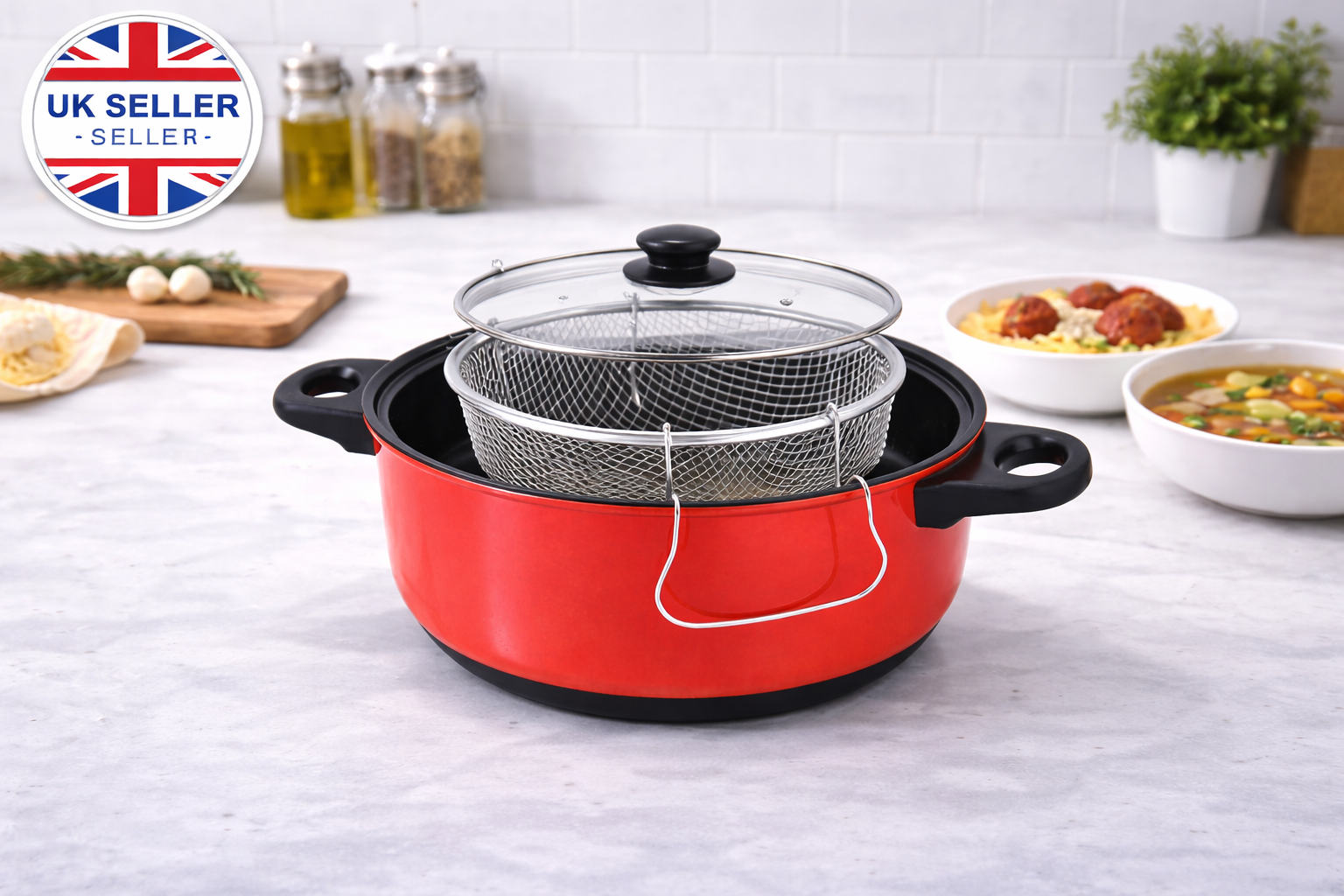 3 in 1 Non-Stick Deep Fryer Cooking Set with Frying Basket & Glass Lid – 5 Quart Steamer Cooker & Fryer Pan