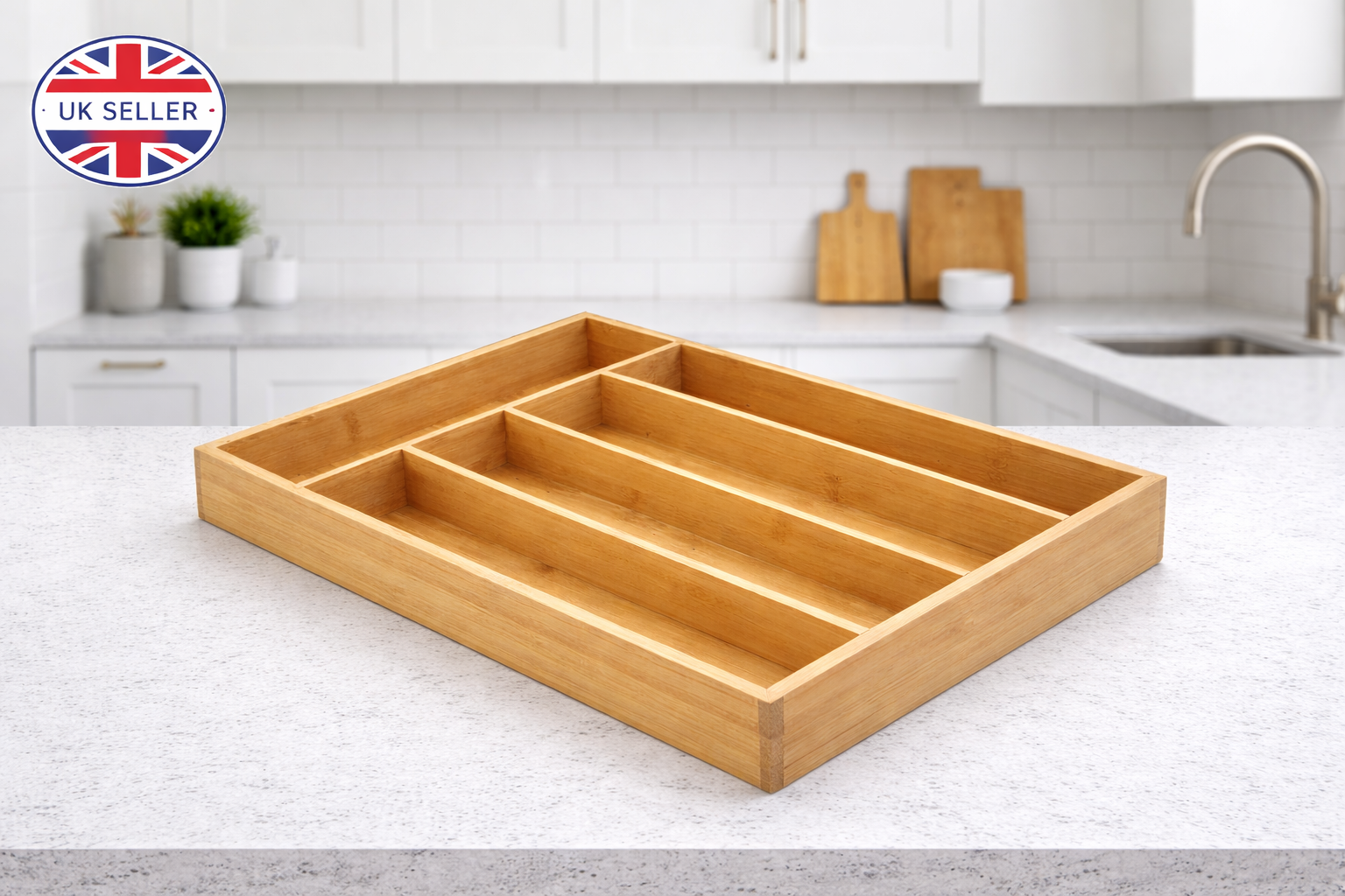 5-Compartment Bamboo Cutlery Drawer Organiser — Solid Natural Bamboo | No Plastic | Mixed Section Sizes