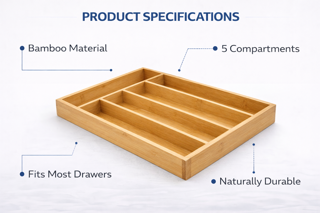 5-Compartment Bamboo Cutlery Drawer Organiser — Solid Natural Bamboo | No Plastic | Mixed Section Sizes