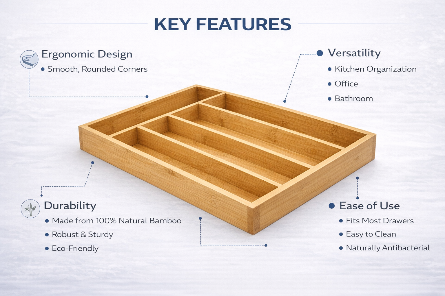 5-Compartment Bamboo Cutlery Drawer Organiser — Solid Natural Bamboo | No Plastic | Mixed Section Sizes