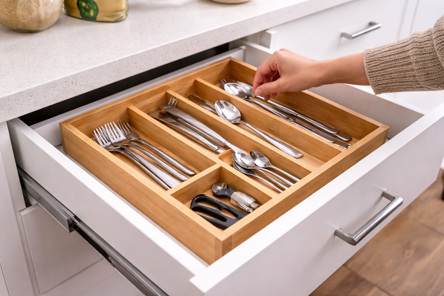 5-Compartment Bamboo Cutlery Drawer Organiser — Solid Natural Bamboo | No Plastic | Mixed Section Sizes