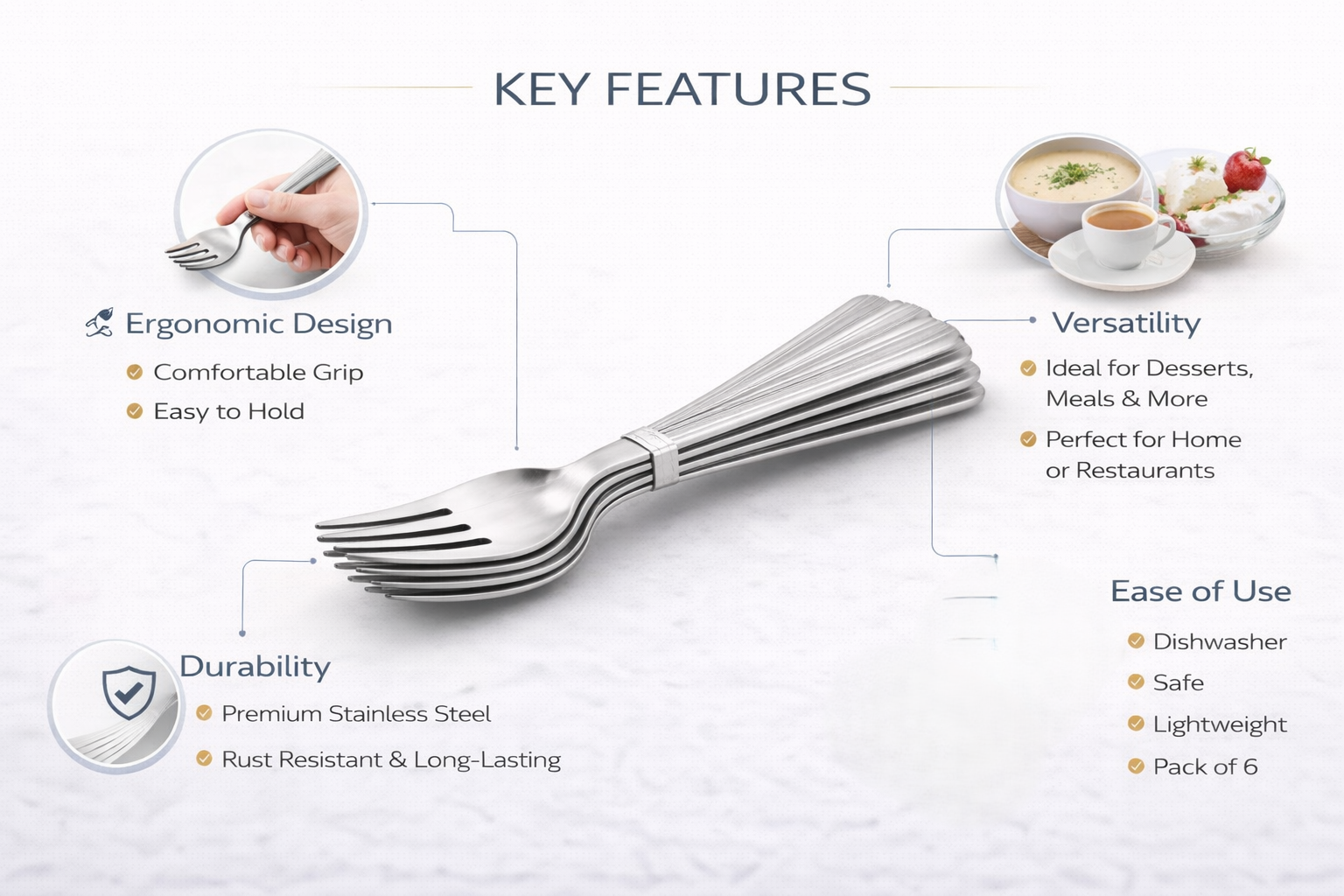 6 Piece Stainless Steel Dessert Forks Set – Dishwasher Safe Lined Handle Forks for Cakes Pastries & Everyday Use