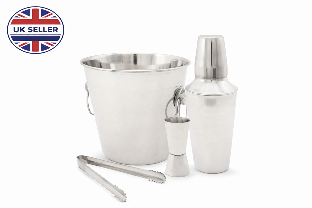 5 Piece Stainless Steel Cocktail Making Set – Shaker Ice Bucket Jigger Bar Spoon Ice Tongs Home Bar Bartender Gift Set