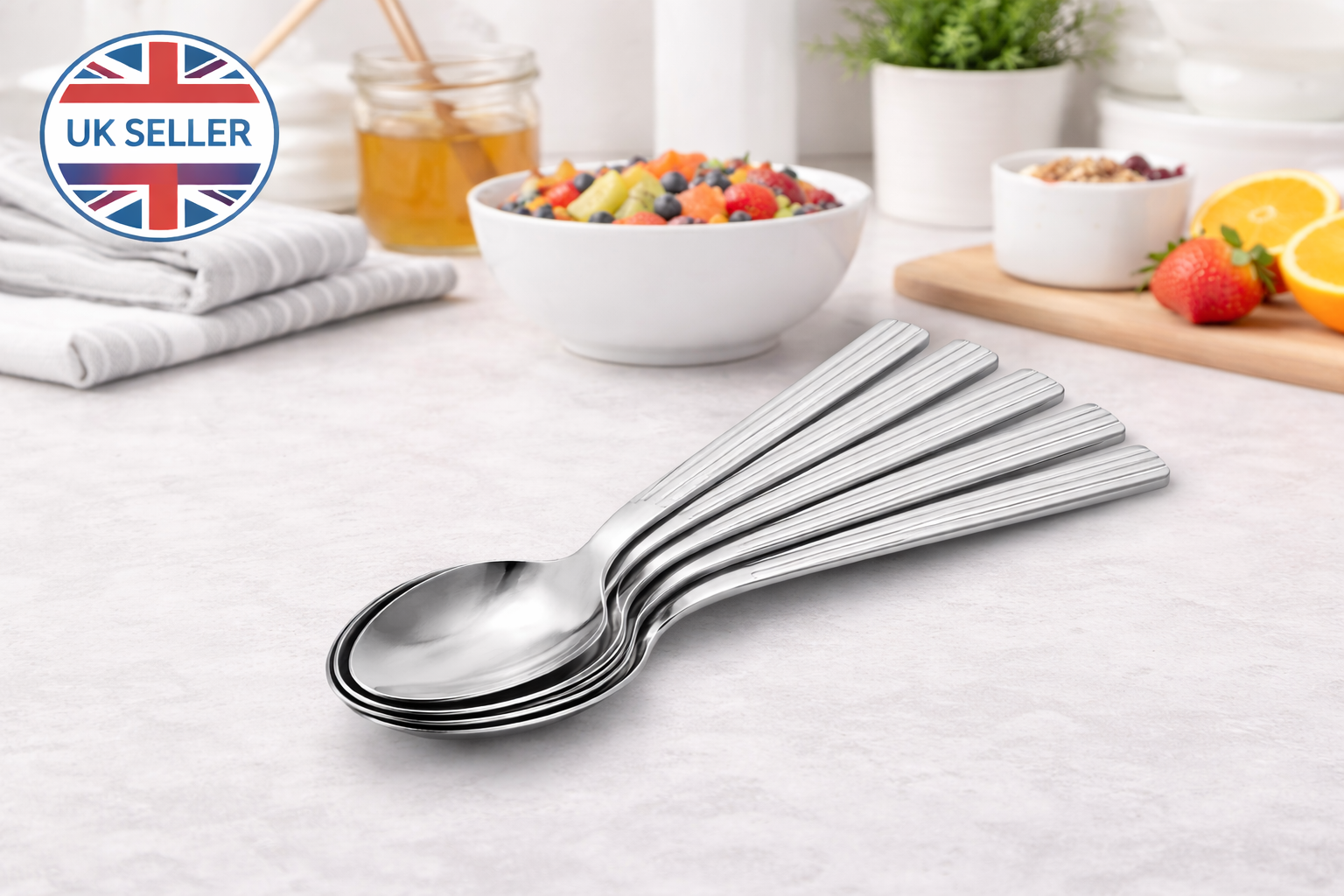6 Piece  Stainless Steel Dessert Spoons Set – Dishwasher Safe Lined Handle Spoons for Puddings & Everyday Use