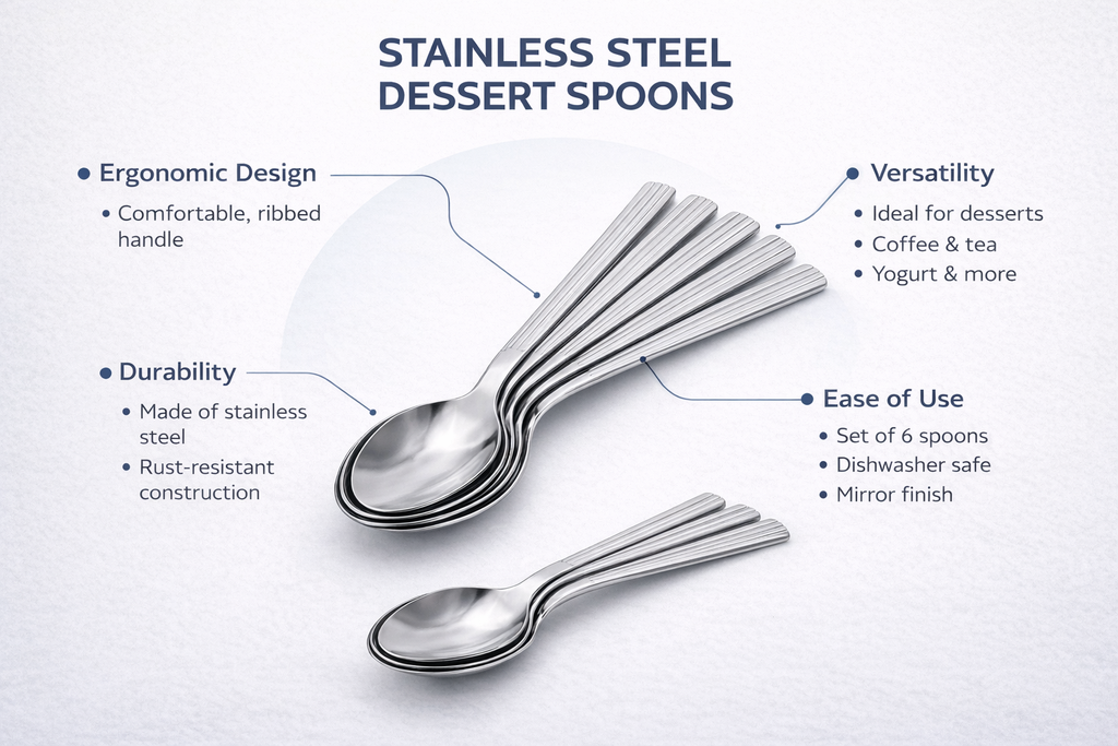 6 Piece  Stainless Steel Dessert Spoons Set – Dishwasher Safe Lined Handle Spoons for Puddings & Everyday Use