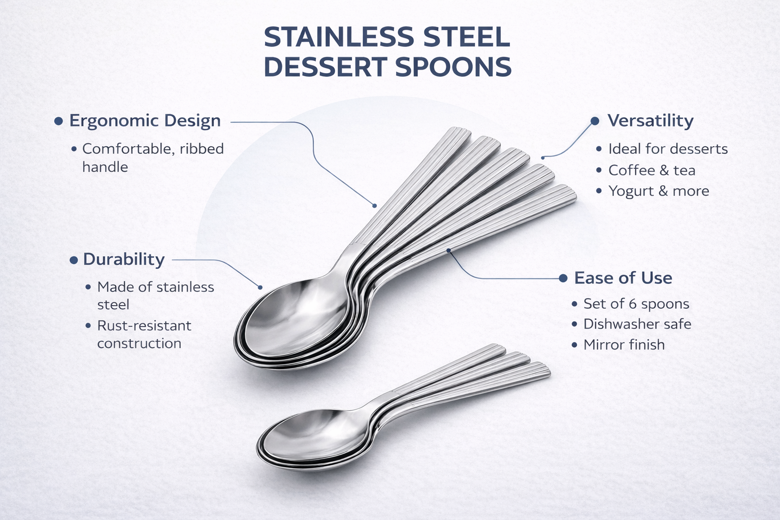 6 Piece  Stainless Steel Dessert Spoons Set – Dishwasher Safe Lined Handle Spoons for Puddings & Everyday Use
