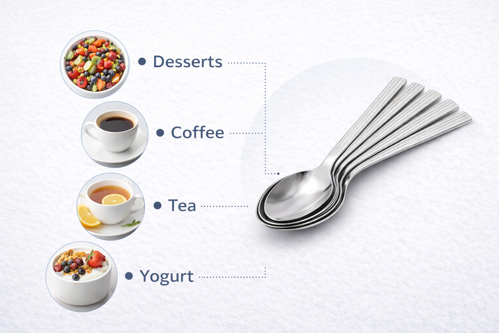 6 Piece  Stainless Steel Dessert Spoons Set – Dishwasher Safe Lined Handle Spoons for Puddings & Everyday Use