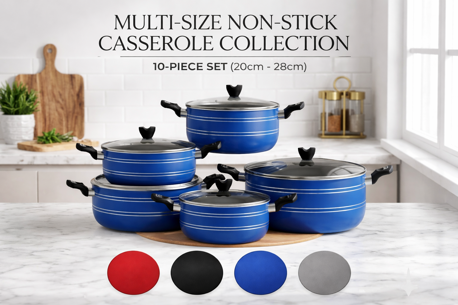 10 Piece Non-Stick Casserole Pot Set 20CM–28CM – 5 Graduated Deep Pots with Heat-Resistant Glass Lids & Stay-Cool Handles – Available in Red, Grey, Black & Blue – Gas & Electric Hob
