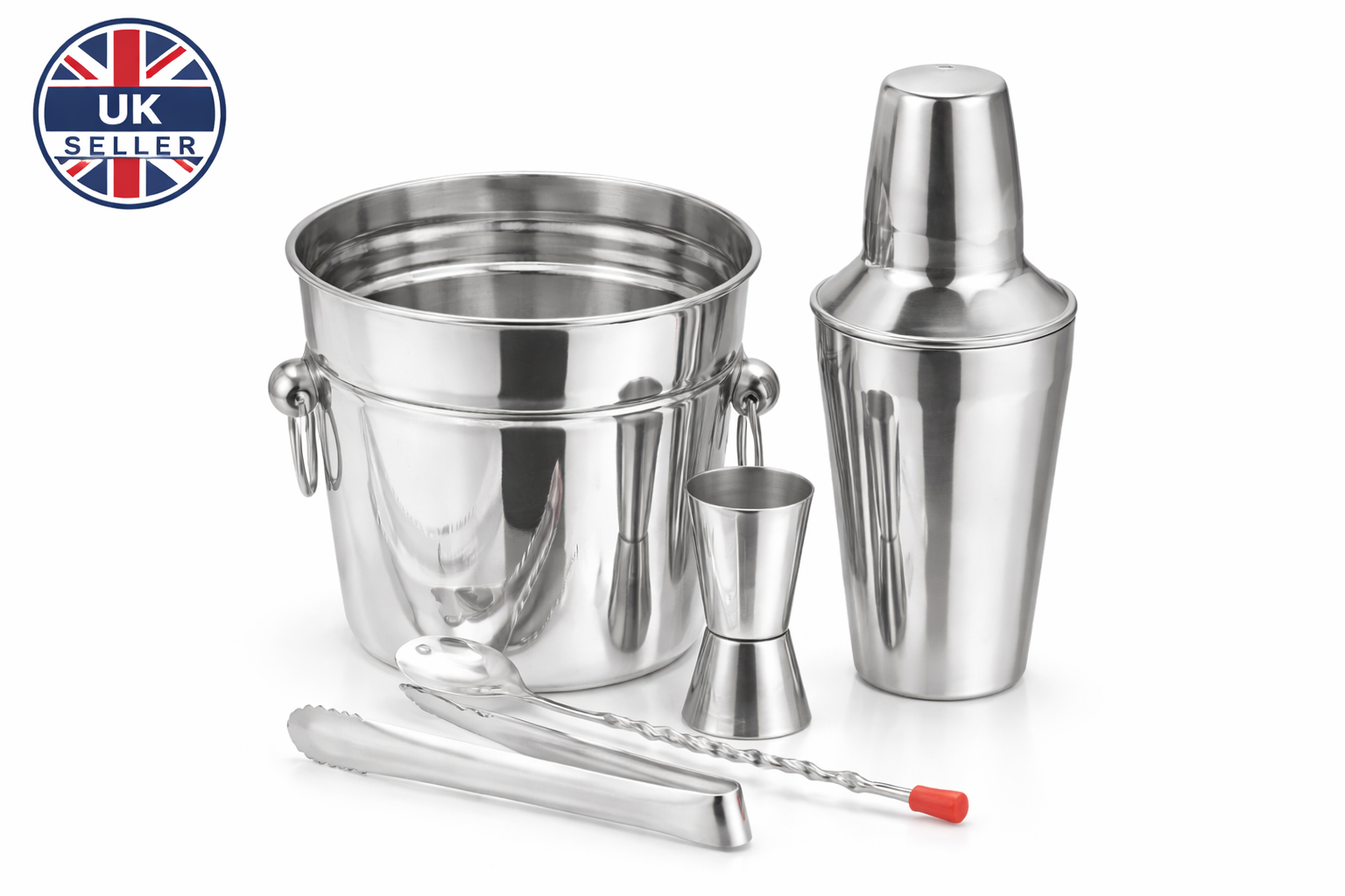 5 Piece Stainless Steel Cocktail Making Set – Shaker Ice Bucket Jigger Bar Spoon Ice Tongs Home Bar Bartender Gift Set