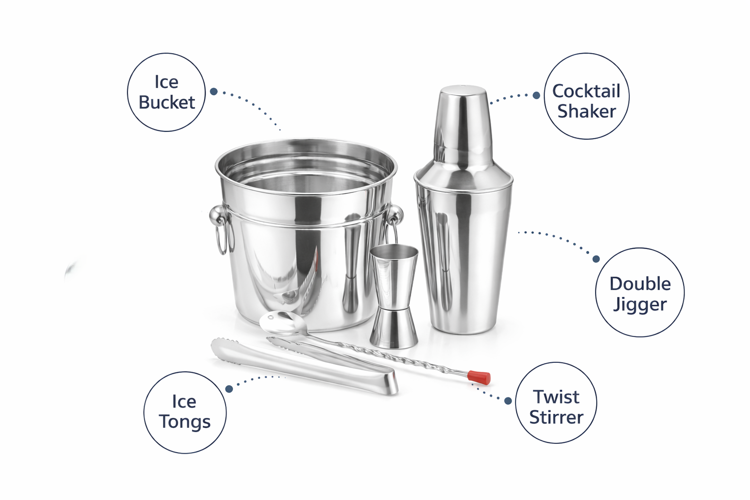 5 Piece Stainless Steel Cocktail Making Set – Shaker Ice Bucket Jigger Bar Spoon Ice Tongs Home Bar Bartender Gift Set
