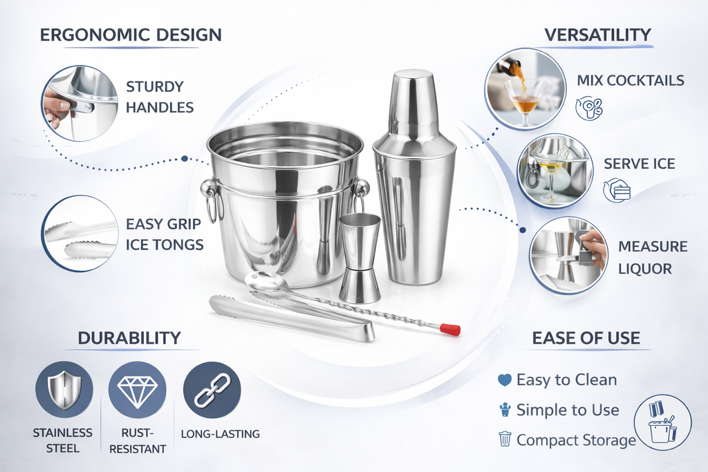 5 Piece Stainless Steel Cocktail Making Set – Shaker Ice Bucket Jigger Bar Spoon Ice Tongs Home Bar Bartender Gift Set