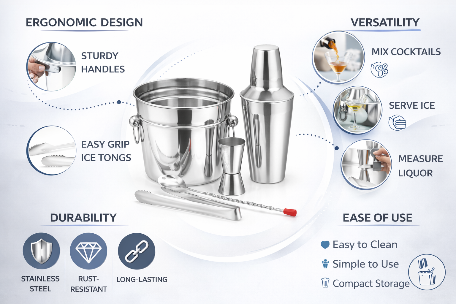 5 Piece Stainless Steel Cocktail Making Set – Shaker Ice Bucket Jigger Bar Spoon Ice Tongs Home Bar Bartender Gift Set
