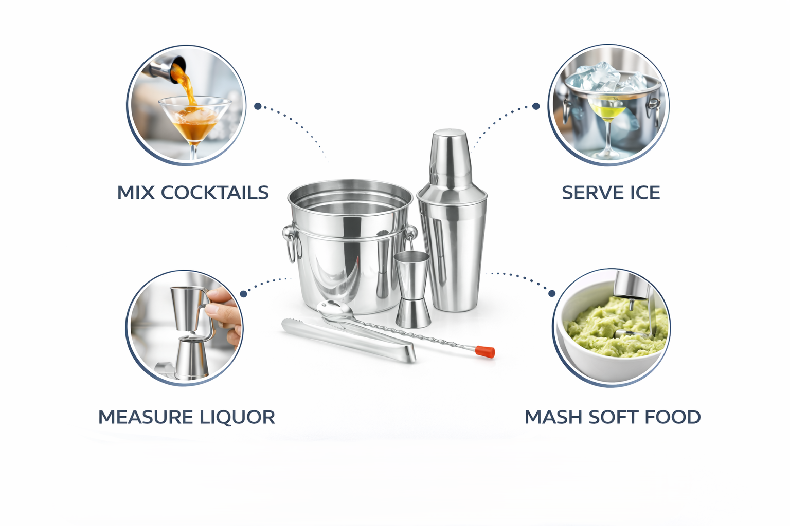 5 Piece Stainless Steel Cocktail Making Set – Shaker Ice Bucket Jigger Bar Spoon Ice Tongs Home Bar Bartender Gift Set