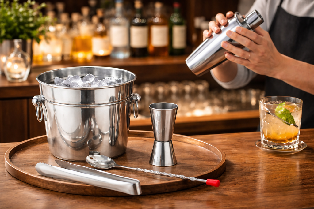 5 Piece Stainless Steel Cocktail Making Set – Shaker Ice Bucket Jigger Bar Spoon Ice Tongs Home Bar Bartender Gift Set