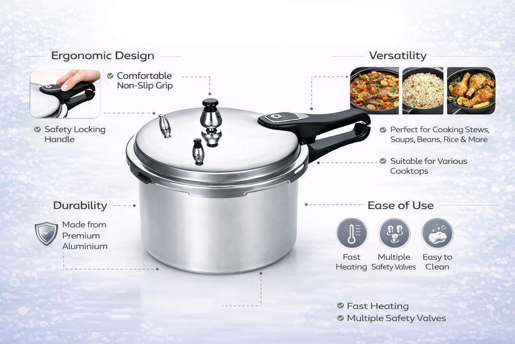 Heavy Duty Aluminium Pressure Cooker | Safety Valve | Self-Locking | 3L 5L 7L 9L 11L 13L Available