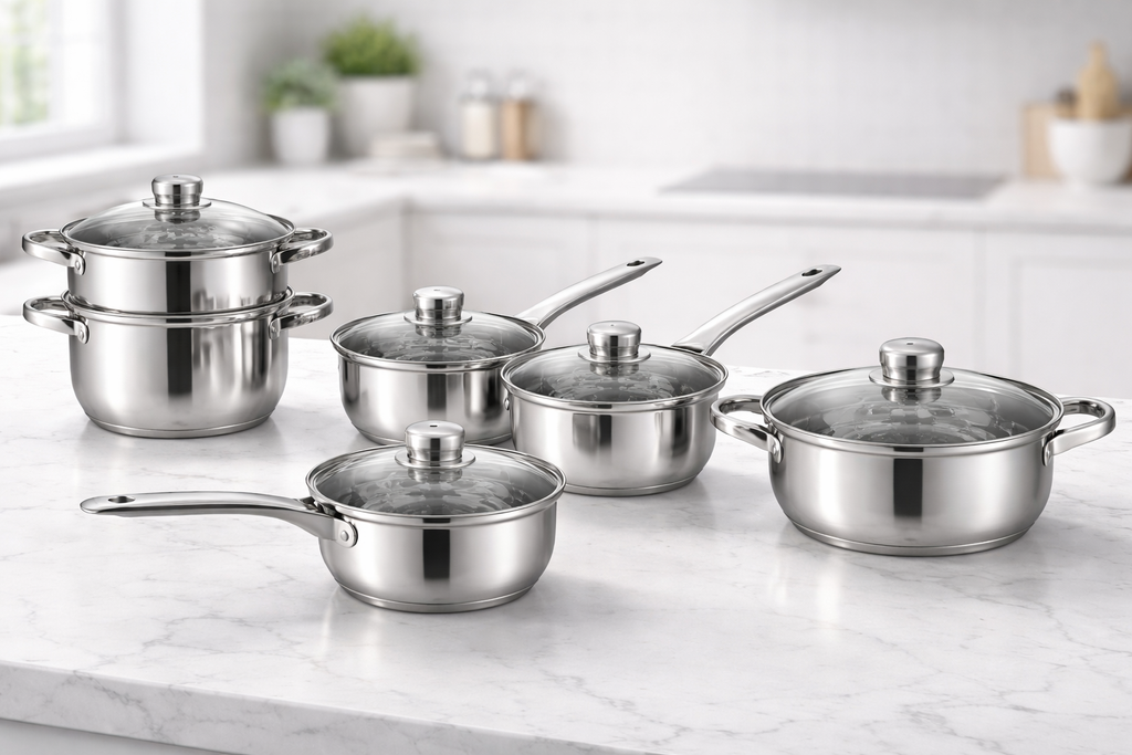 6 Piece Stainless Steel Cookware Pan Set with Glass Lids – Saucepans Steamers Casserole – Gas Electric Hotplate Hob – Mirror Finish Kitchen Pots 16cm 18cm 20cm