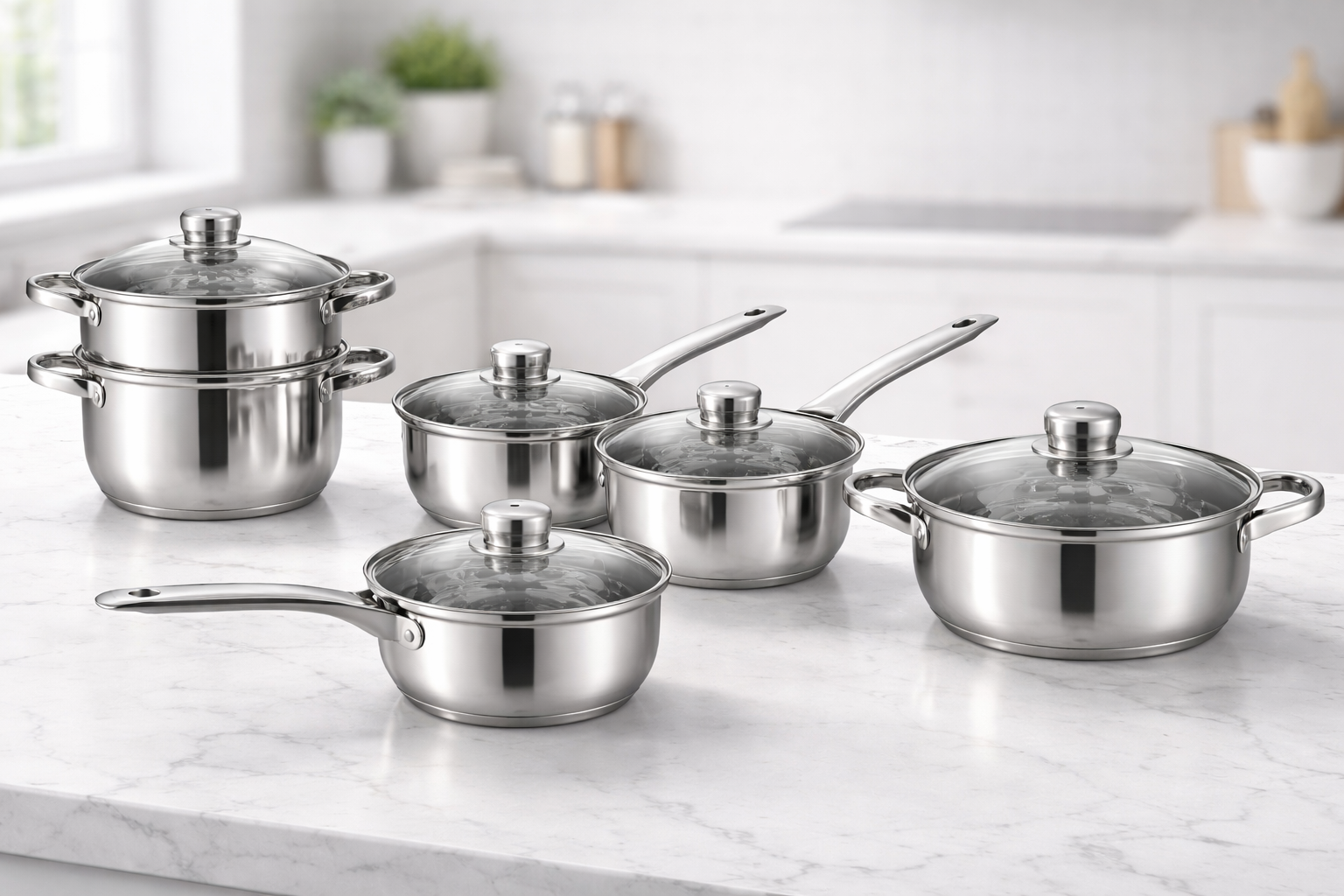6 Piece Stainless Steel Cookware Pan Set with Glass Lids – Saucepans Steamers Casserole – Gas Electric Hotplate Hob – Mirror Finish Kitchen Pots 16cm 18cm 20cm