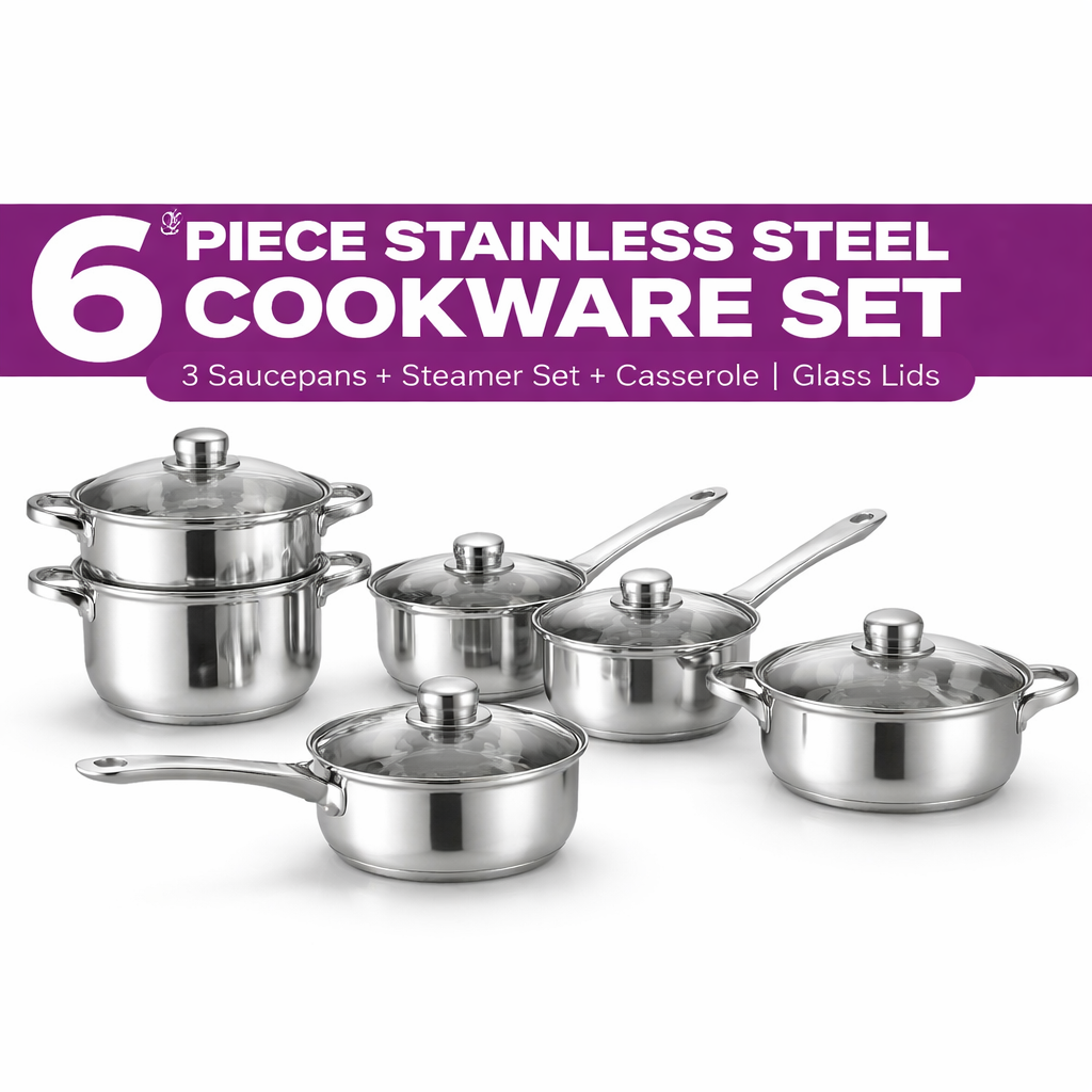 6 Piece Stainless Steel Cookware Pan Set with Glass Lids – Saucepans Steamers Casserole – Gas Electric Hotplate Hob – Mirror Finish Kitchen Pots 16cm 18cm 20cm
