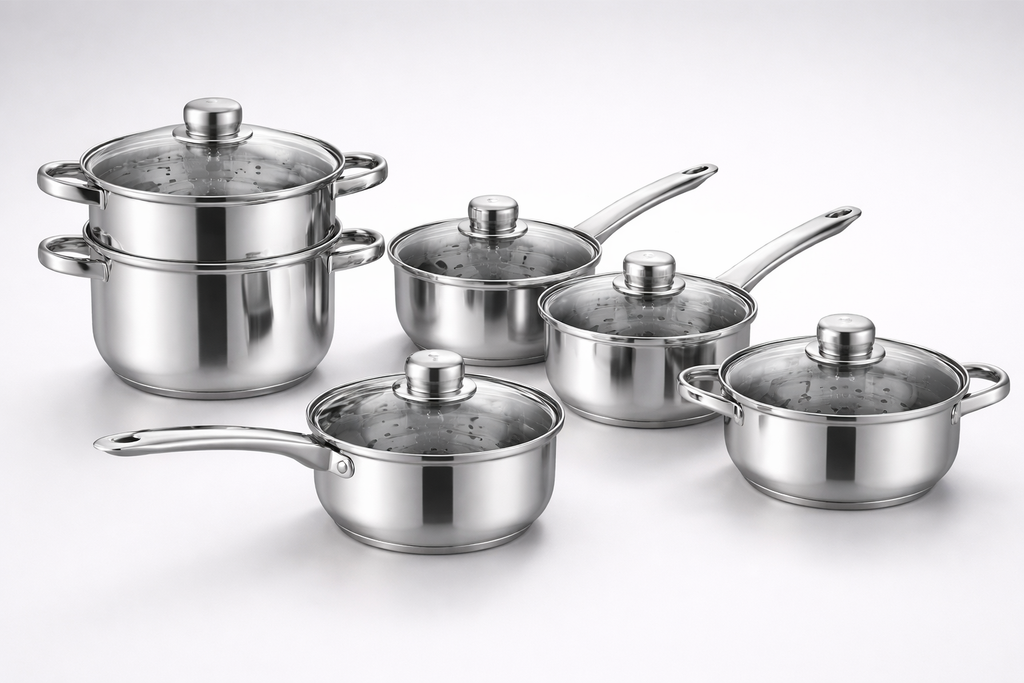 6 Piece Stainless Steel Cookware Pan Set with Glass Lids – Saucepans Steamers Casserole – Gas Electric Hotplate Hob – Mirror Finish Kitchen Pots 16cm 18cm 20cm