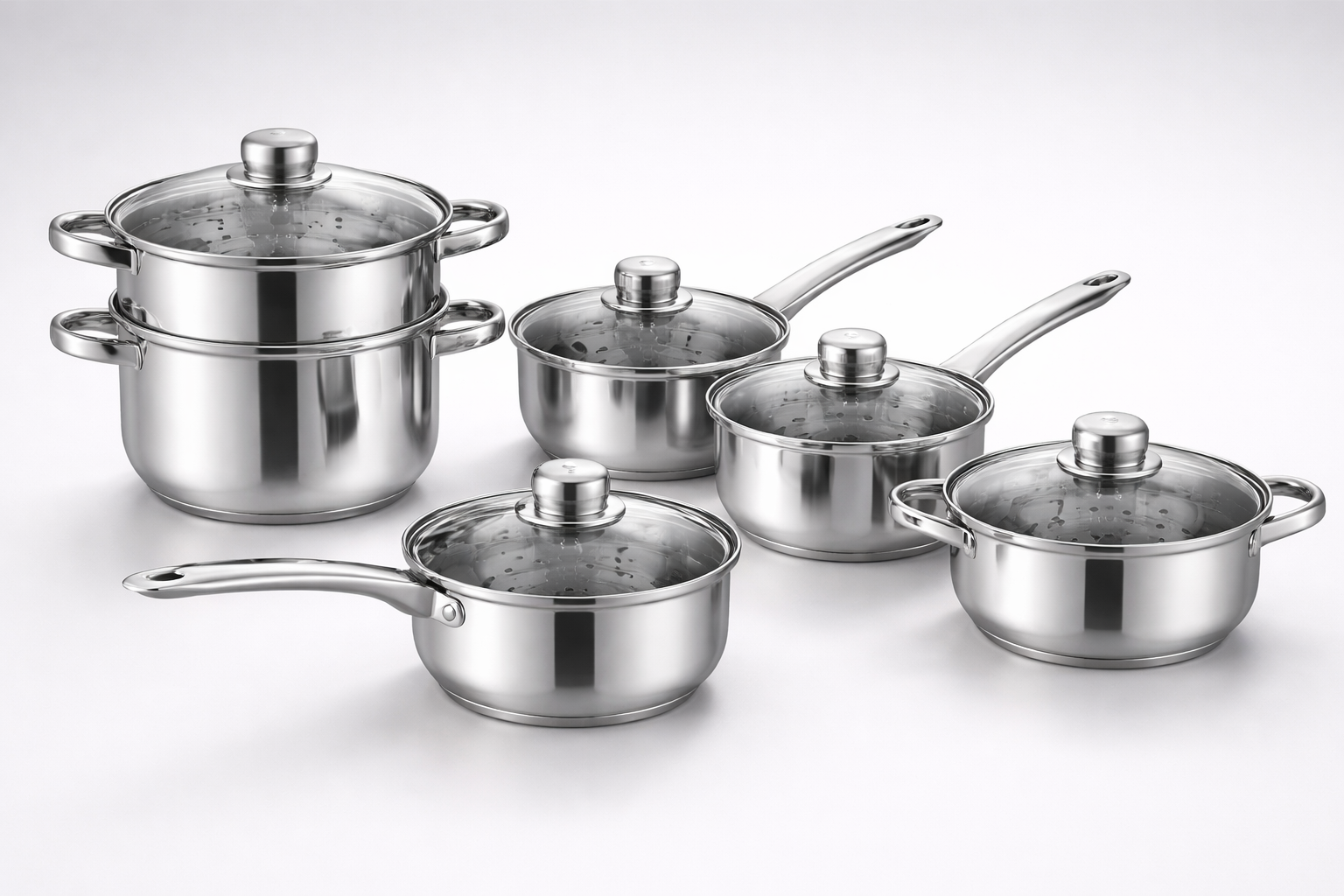 6 Piece Stainless Steel Cookware Pan Set with Glass Lids – Saucepans Steamers Casserole – Gas Electric Hotplate Hob – Mirror Finish Kitchen Pots 16cm 18cm 20cm
