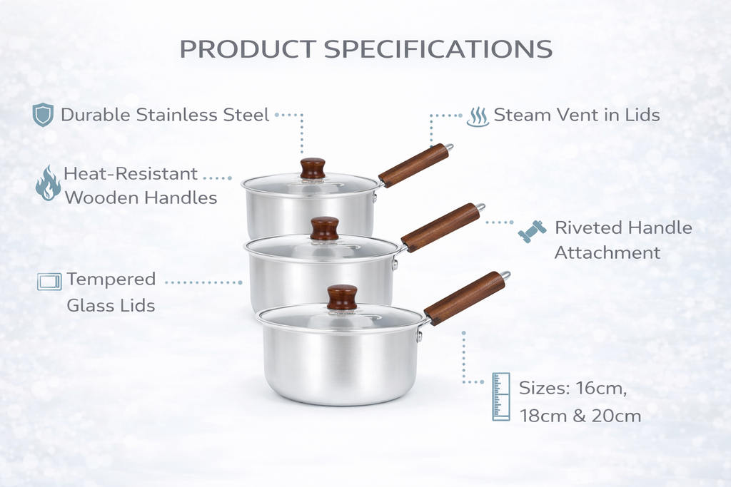 3 Piece Aluminium Saucepan Set with Lids & Wooden Handles – 6 Piece Cookware Set for Gas, Electric & Ceramic Hobs