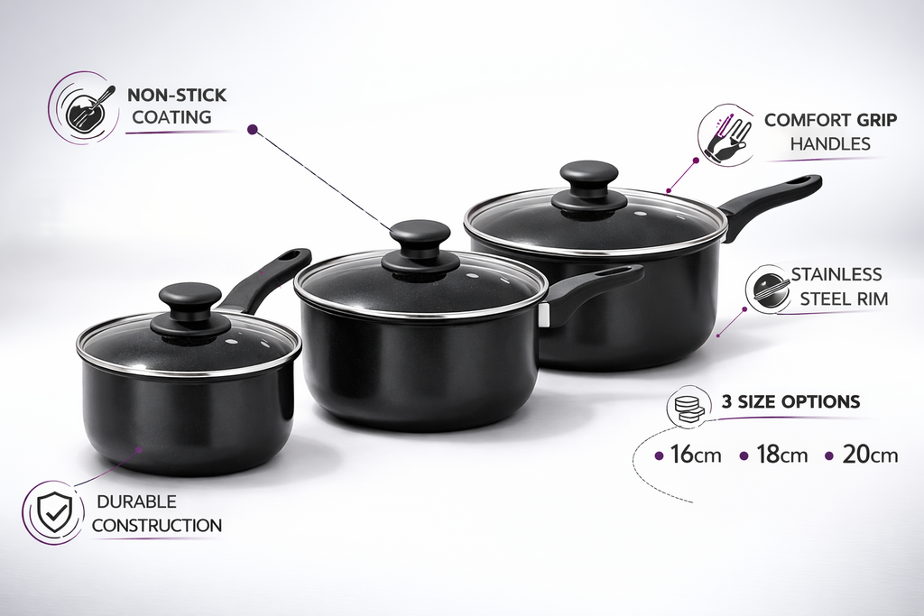 6pc & 8pc Non-Stick Carbon Steel Cookware Set with Lids – Saucepans, Milk Pan & Frying Pan for Gas & Electric Hobs