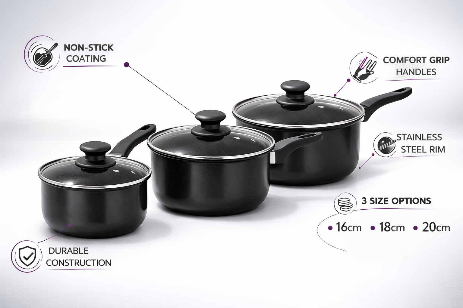 6pc & 8pc Non-Stick Carbon Steel Cookware Set with Lids – Saucepans, Milk Pan & Frying Pan for Gas & Electric Hobs