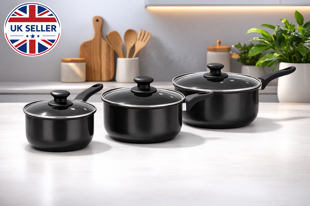 6pc & 8pc Non-Stick Carbon Steel Cookware Set with Lids – Saucepans, Milk Pan & Frying Pan for Gas & Electric Hobs