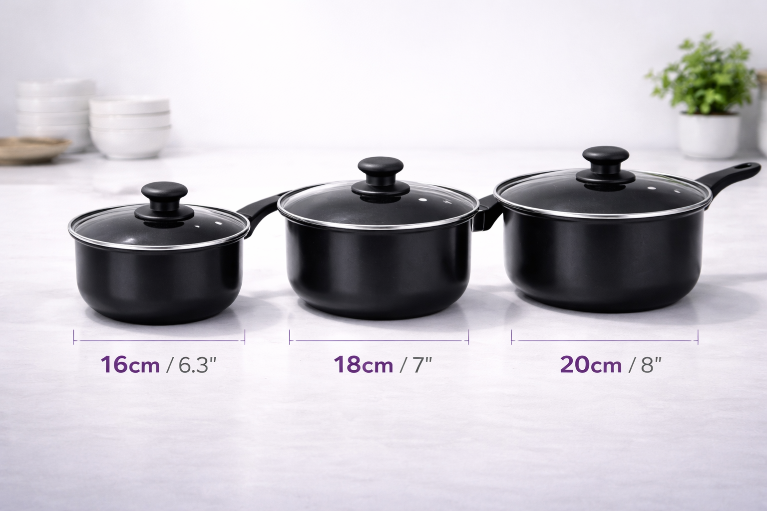 6pc & 8pc Non-Stick Carbon Steel Cookware Set with Lids – Saucepans, Milk Pan & Frying Pan for Gas & Electric Hobs
