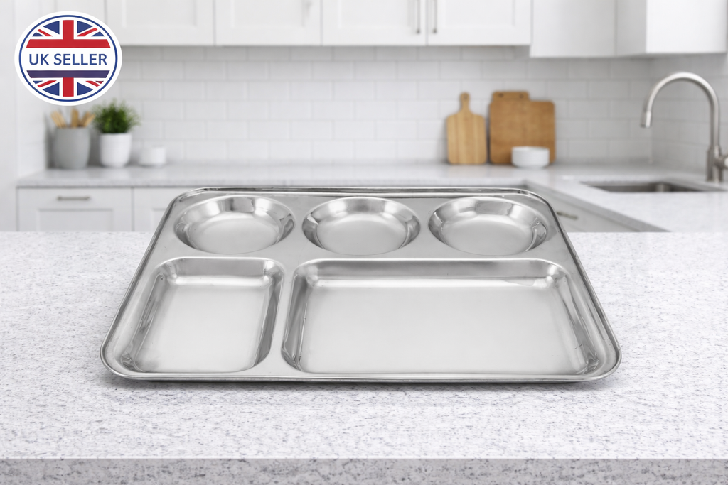 Stainless Steel 5 Section Divided Meal Tray – Compartment Dinner Plate for Kids Adults Camping & Meal Prep