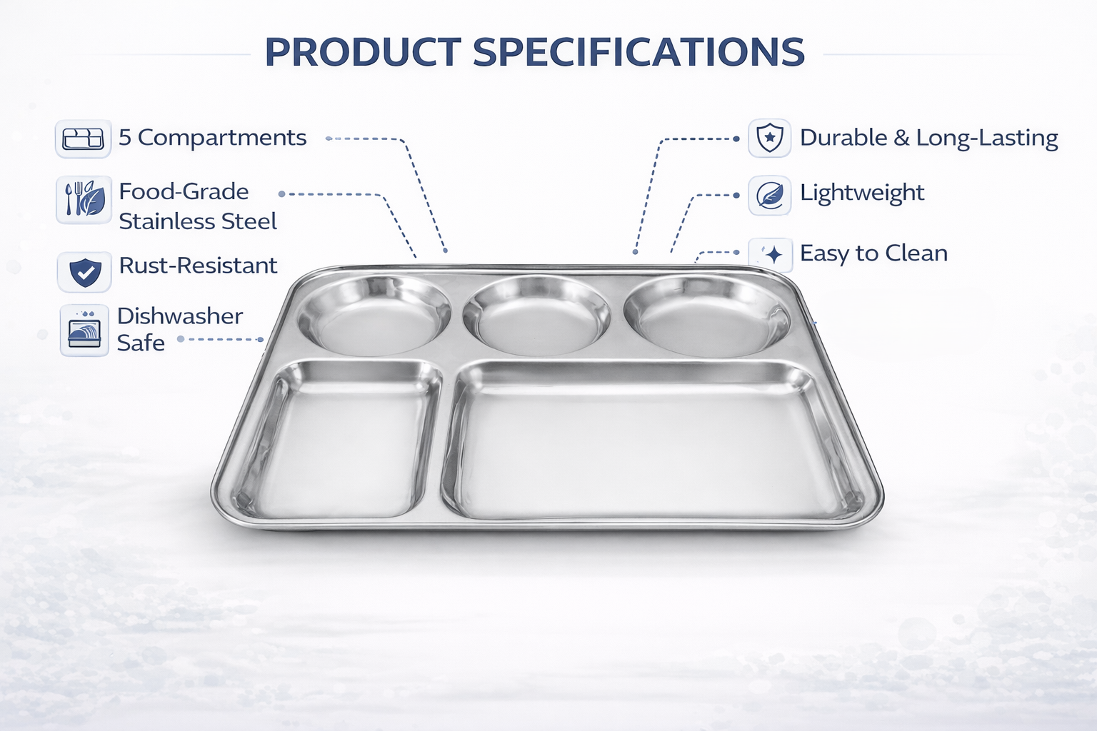 Stainless Steel 5 Section Divided Meal Tray – Compartment Dinner Plate for Kids Adults Camping & Meal Prep