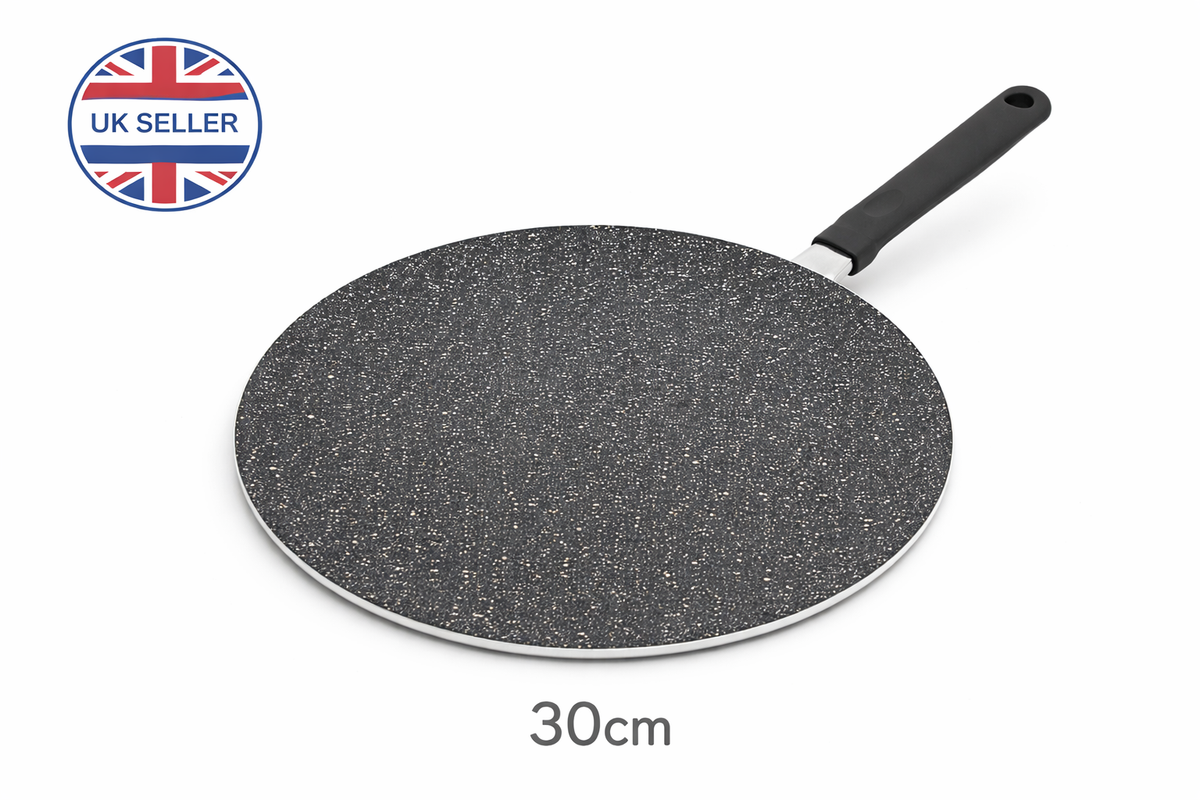 26cm & 30cm Marble Effect Non-Stick Tawa Crepe Pan – Reinforced Aluminium Concave Griddle with Stay-Cool Handle