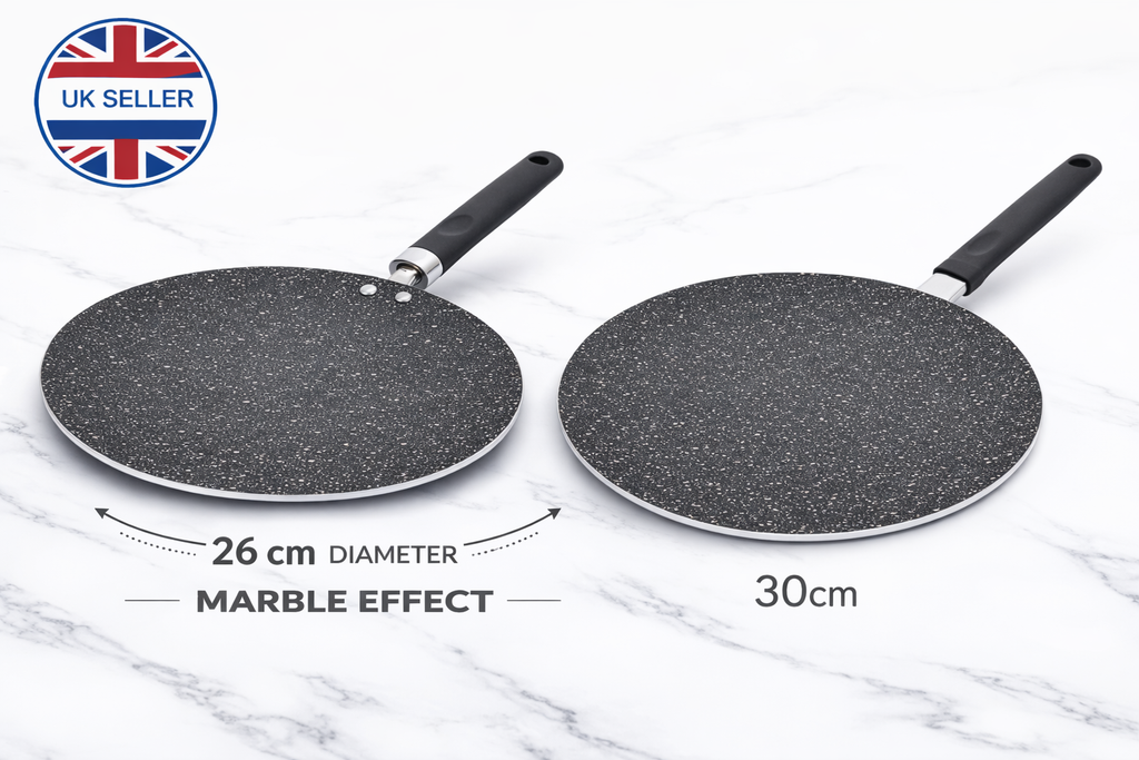 26cm & 30cm Marble Effect Non-Stick Tawa Crepe Pan – Reinforced Aluminium Concave Griddle with Stay-Cool Handle